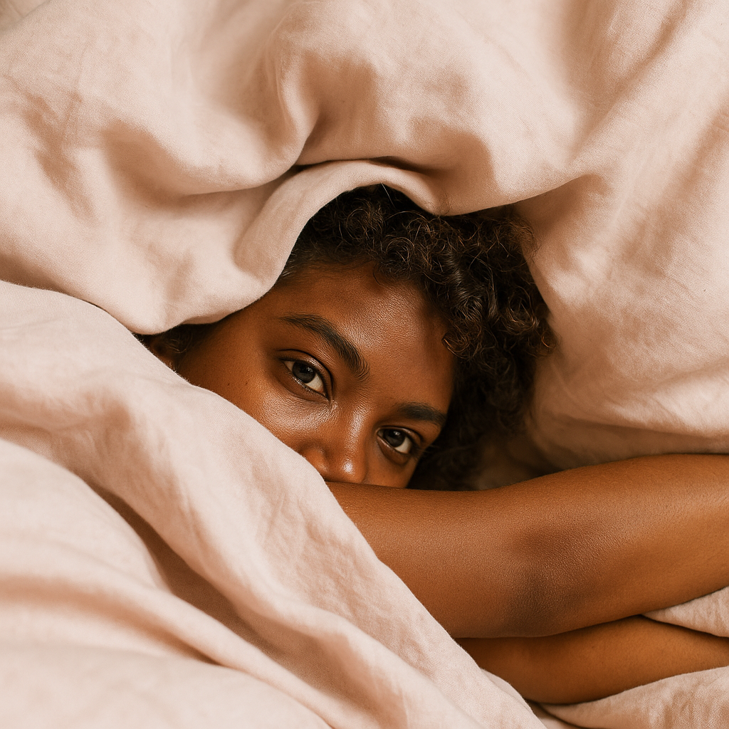 Person peeking out from under a blanket with a soft, warm color palette