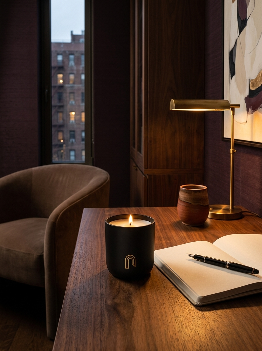 A black candle jar with the gold Shelton Jaymes arch logo sits on a wooden desk in a cozy room setting, next to an open notebook, pen, and brass desk lamp.