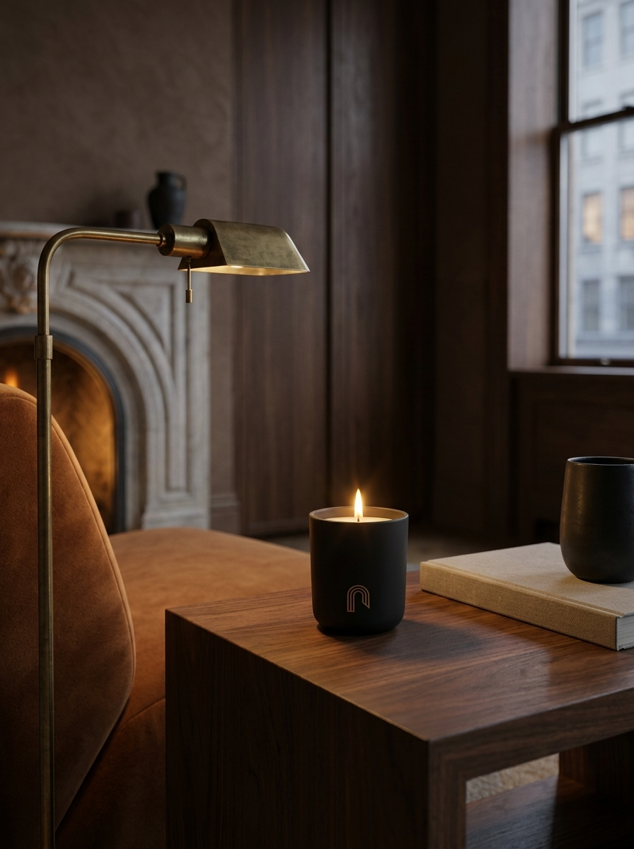 A black candle with a lit flame sits on a wooden table in a cozy, dimly lit room with a fireplace, a brass floor lamp, and a book.